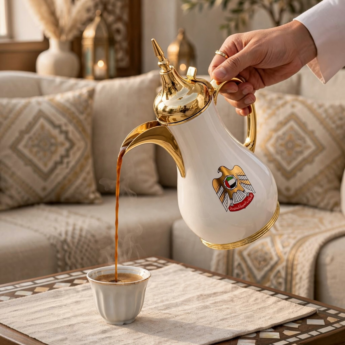 Nice 1.0L UAE Emblem Royal Arabic Coffee Thermal Dallah – Metallic Gold & Glossy White