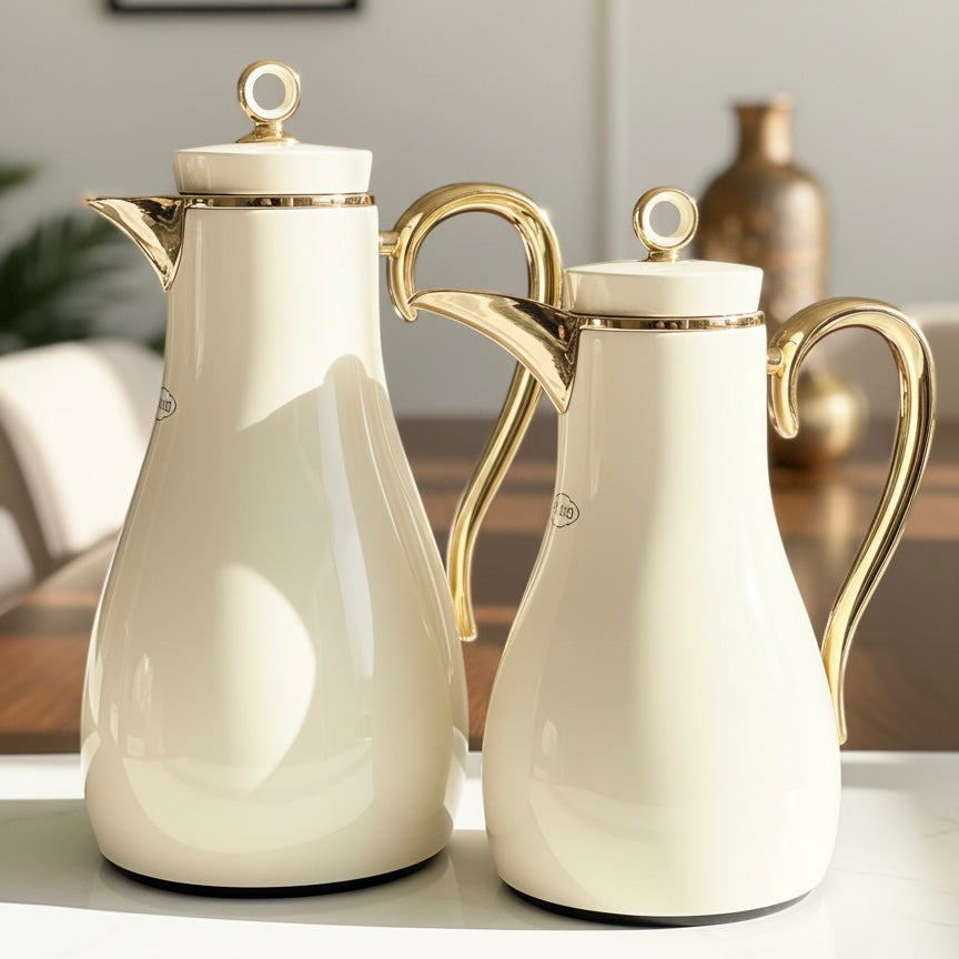PILSCO Premium Double Set – Coffee & Tea Thermal Flask (White & Gold, 1L + 0.7L)