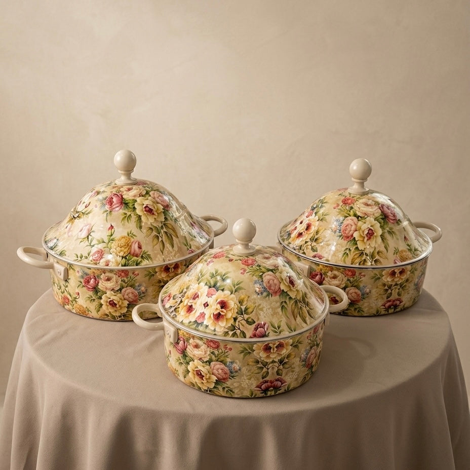 Floral Food Warmer Set Cream – 3 Pieces (2.5L, 3.5L, 5.5L) - Mawaeen