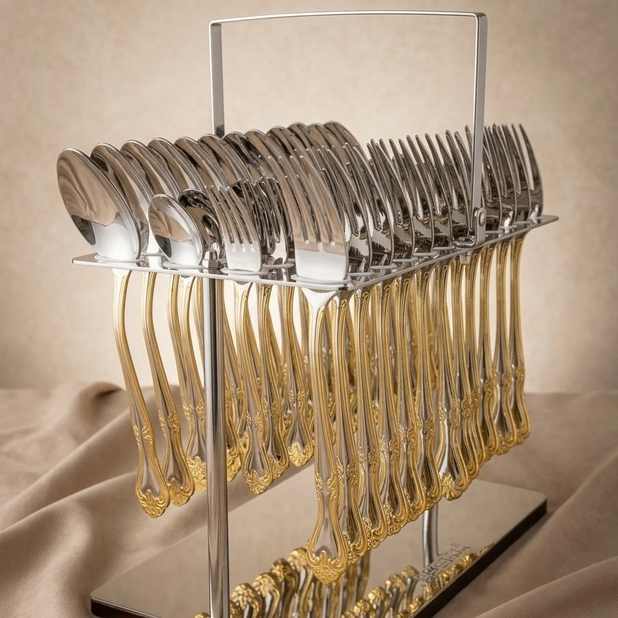 Arshia 48-piece Gold Silver Cutlery Set with Stand - Mawaeen