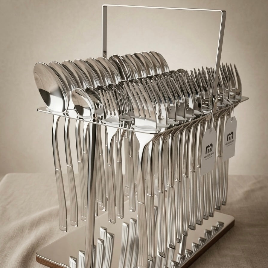 Arshia 48-piece Silver Cutlery Set with Stand - Mawaeen