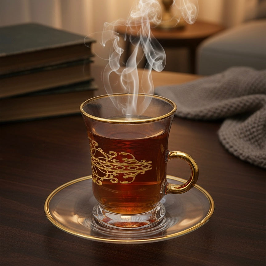 Tea Istikan Set – 6 Pieces with Plates Gold - (130cc, Turkish Made)