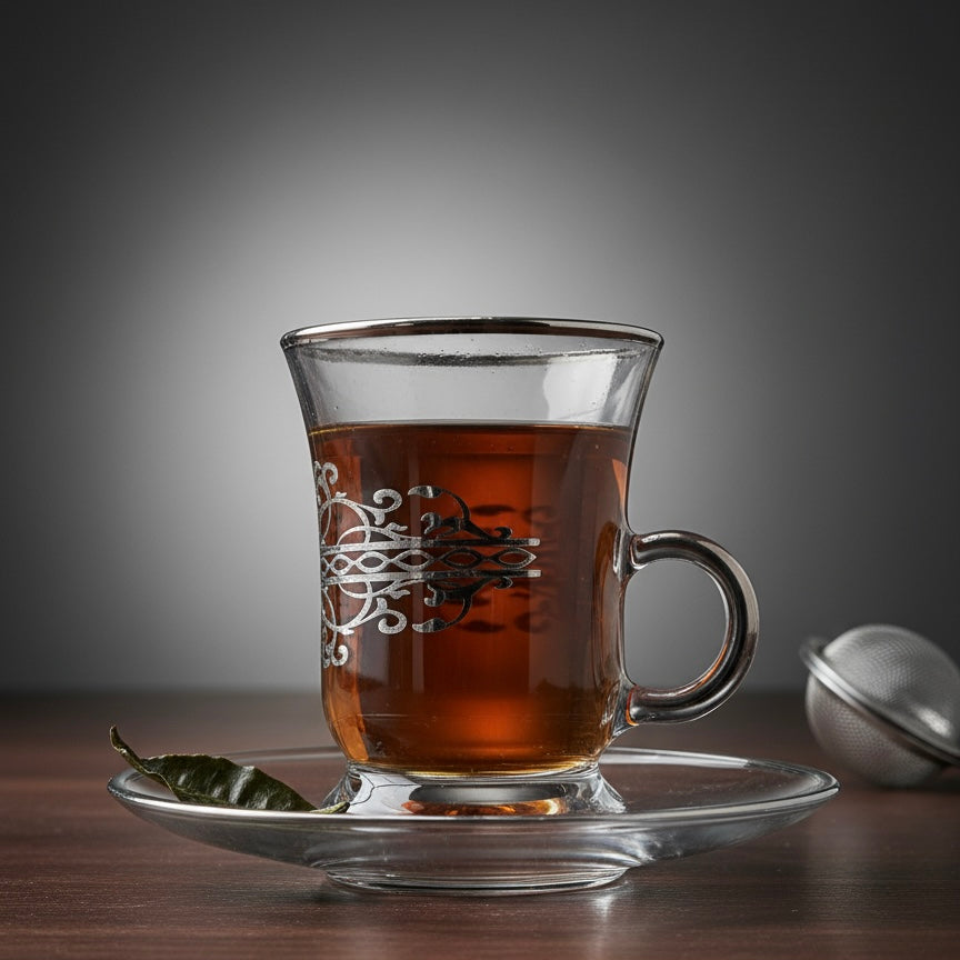 Tea Istikan Set – 6 Pieces with Plates Silver - (130cc, Turkish Made)