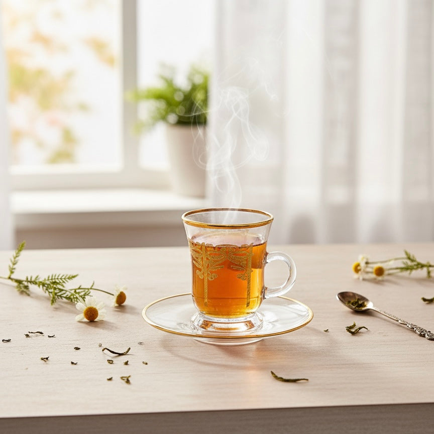 Tea Istikan Set – 6 Pieces with Plates Gold - (130cc, Turkish Made)