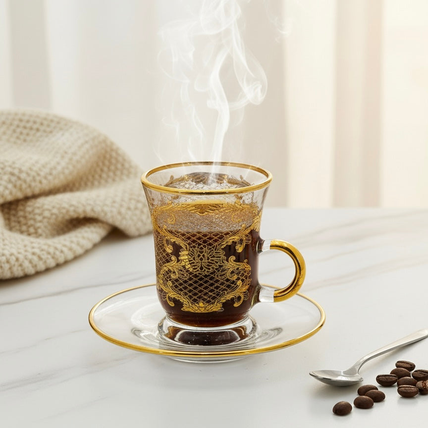 Tea Istikan Set – 6 Pieces with Plates Gold - (130cc, Turkish Made)