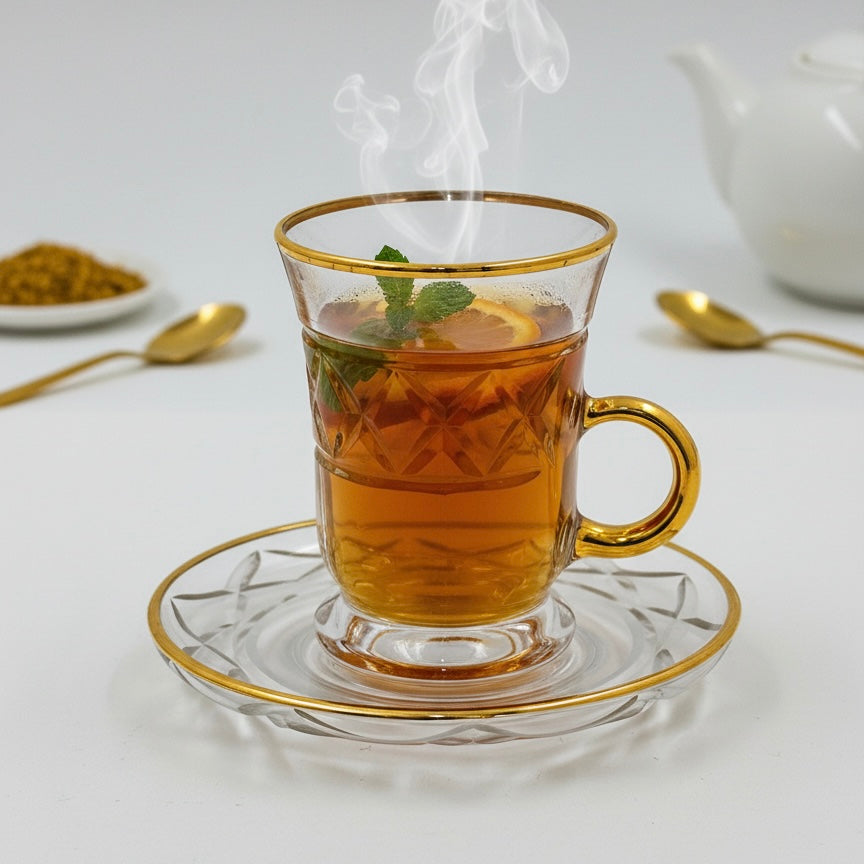 Tea Istikan Set – 6 Pieces with Plates G/Line - (130cc, Turkish Made)