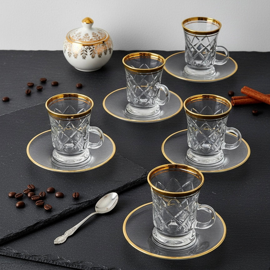 Tea Istikan Set – 6 Pieces with Plates G/Line - (130cc, Turkish Made)
