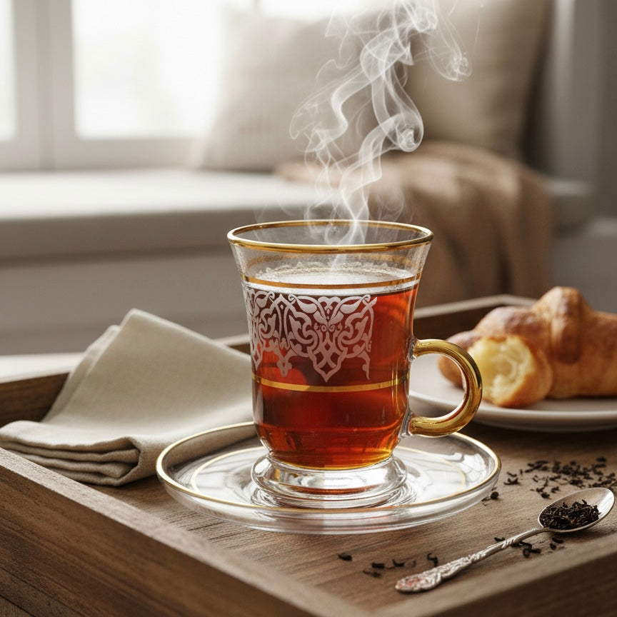 Tea Istikan Set – 6 Pieces with Plates W/Gold - (130cc, Turkish Made)