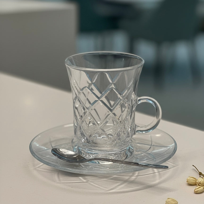 Tea Istikan Set – 6 Pieces with Plates C/Line - (130cc, Turkish Made)