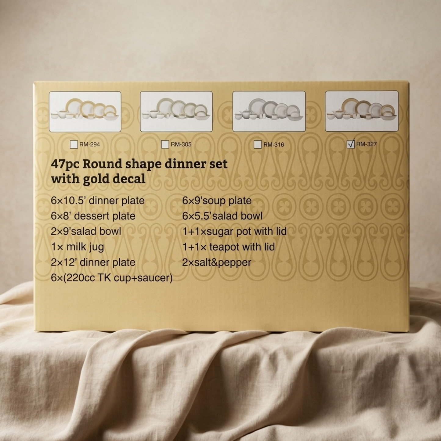 47-Piece Round Porcelain Dinner Set with Gold Decal – Complete Dining Collection - Mawaeen