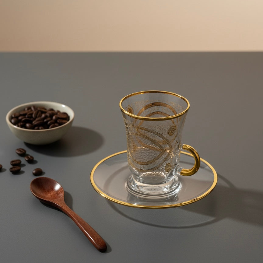 Tea Istikan Set – 6 Pieces with Plates NHGold - (130cc, Turkish Made)