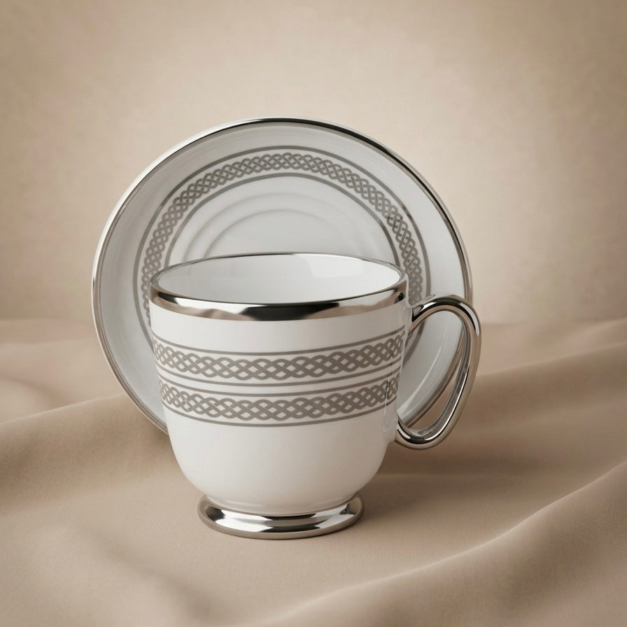 6-Piece Porcelain Coffee Cups with Saucers – Silver Pattern Design Set - Mawaeen