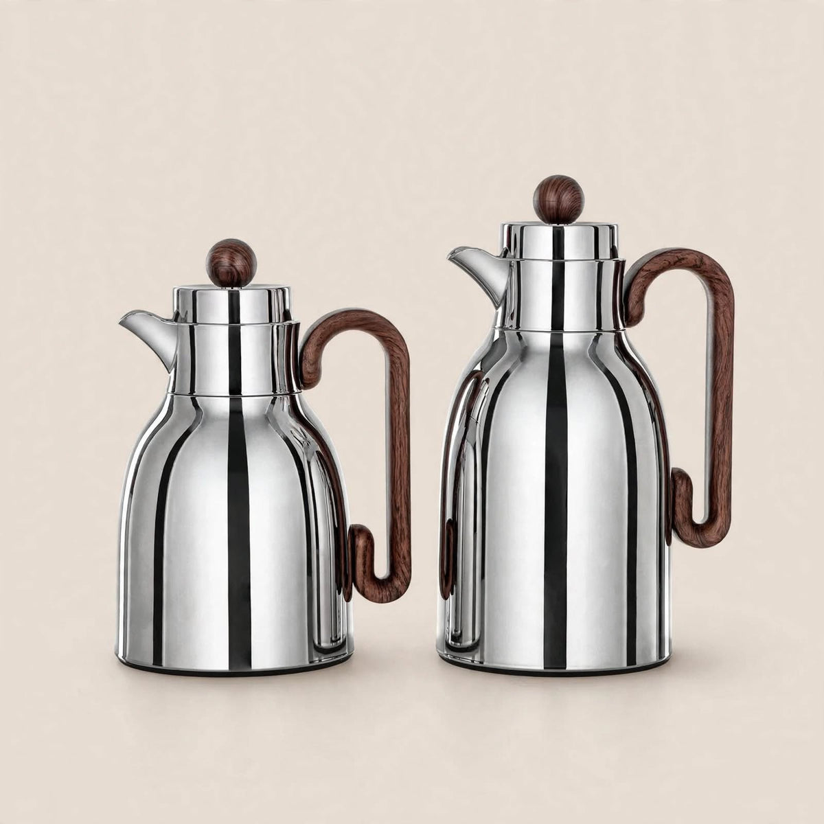 Al Marjan 2-Piece Arabic Coffee Thermos Set Silver/Wood (1L & 0.75L)