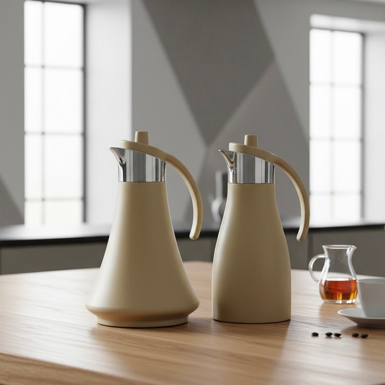 REFAL Double Set – Coffee & Tea Thermal Flask (Beige & Silver, 1L + 1L)