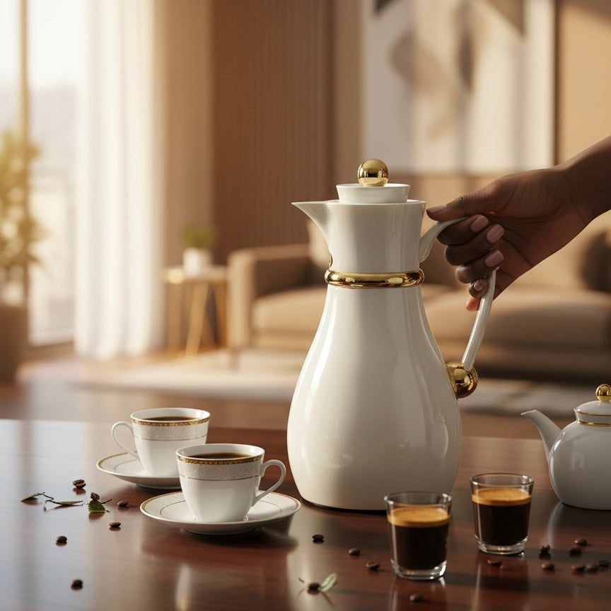 Najib Double Set – Coffee & Tea Thermal Flask (Beige & Gold, 1L + 0.7L)