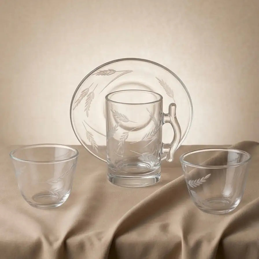 Modern 18-Piece Clear Glass Tea & Coffee Set - Wheat-Etched