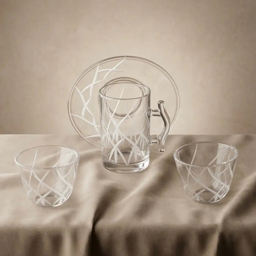 Modern 18-Piece Clear Glass Tea & Coffee Set - Abstract Engravings