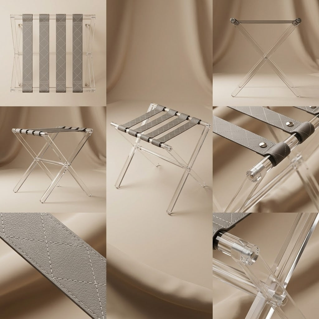 Modern Silver Textured Leather Folding Side Table Set with Stand – 2 Pieces