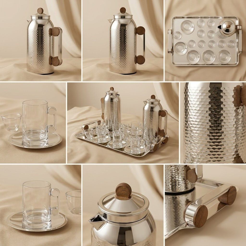 Elegant 21-Piece Tea & Coffee Dallah Set – Silver Wood Finish