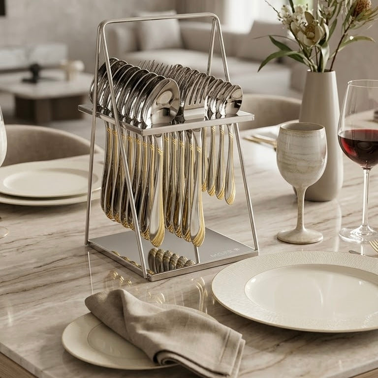 MGFR 24-Piece Stainless Steel Cutlery Set with Standing Rack (Gold Wave Accent)