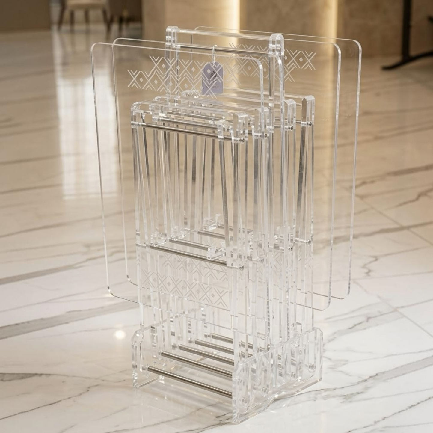Luxury Transparent Acrylic Majlis Service Table Set with Chrome Hardware (4 Pcs)