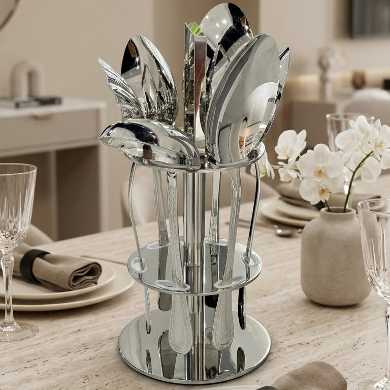 Alpen Berg Luxury Beaded Stainless Steel Serving & Hostess Set (6 Pcs) with Stand