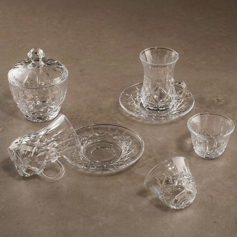 Complete Diamond-Patterned Glass Tea and Coffee Set with Sugar Bowl – 20 Pieces