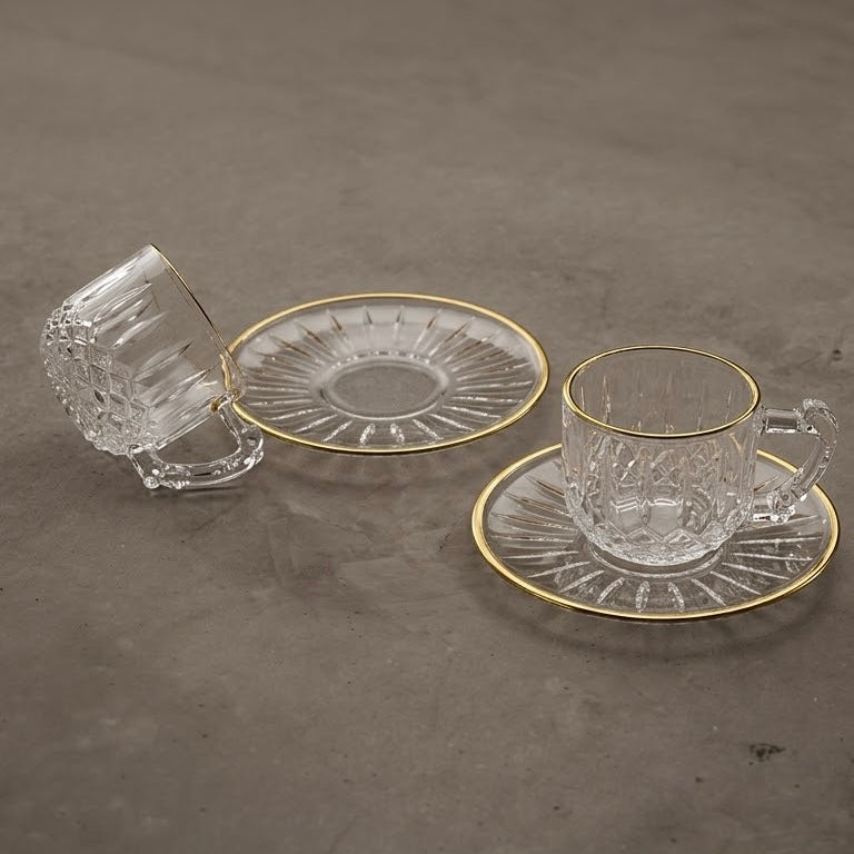 6-Piece Gold-Trimmed Crystal Coffee Cup and Saucer Set (Diamond Pattern)