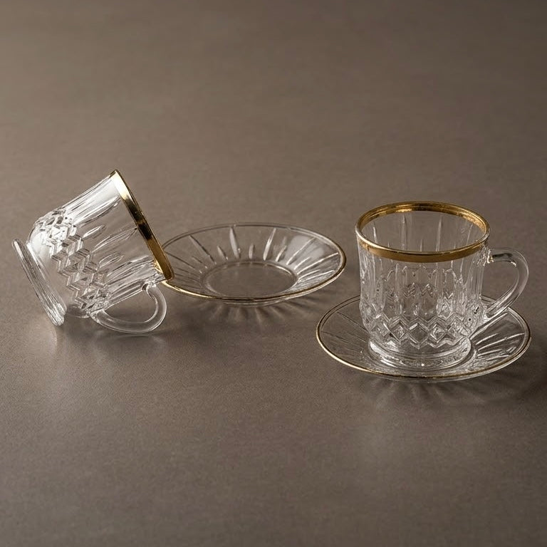Luxury Clear Glass Espresso & Coffee Mugs with Gold Edge – 6 Person Set