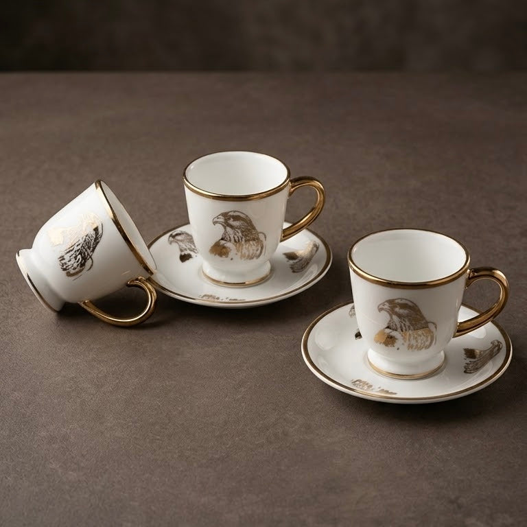 Falcon Motif Porcelain Coffee Cup and Saucer Set with Gold Trim (6-Person Set)