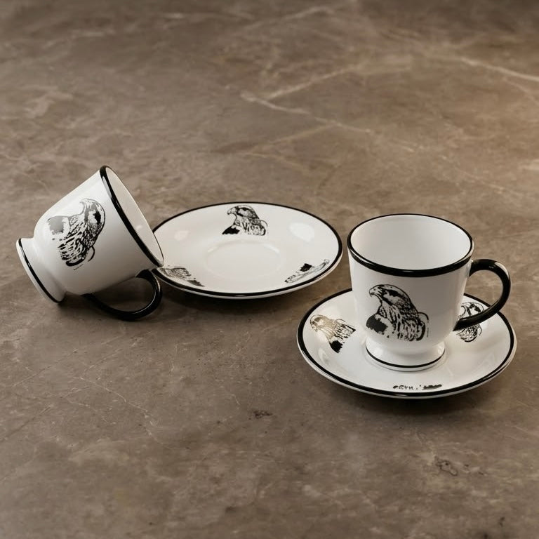 Falcon Motif Porcelain Coffee Cup and Saucer Set with Black Trim (6-Person Set)