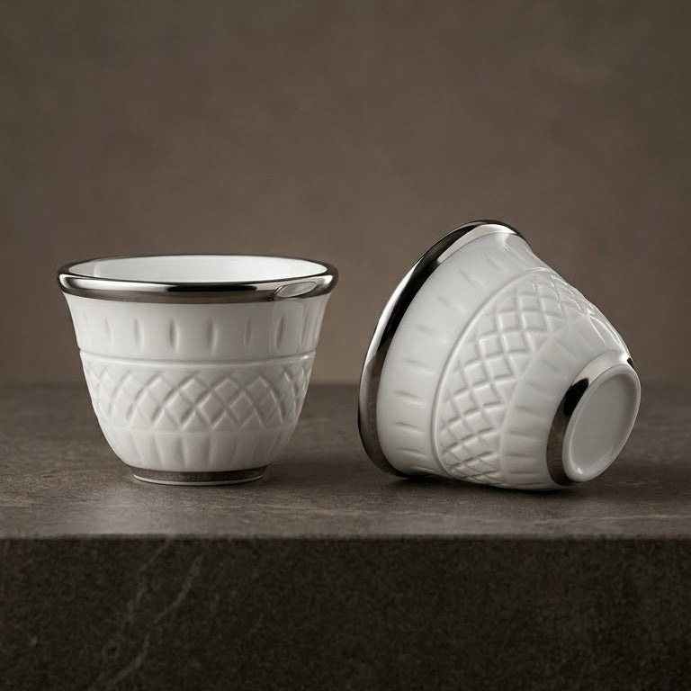Luxury Relief-Patterned Porcelain Finjan with Silver Accents (12 Pcs)