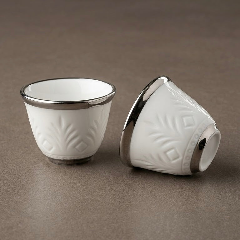Luxury Palm Frond Relief-Patterned Porcelain Finjan with Silver Accents (12 Pcs)