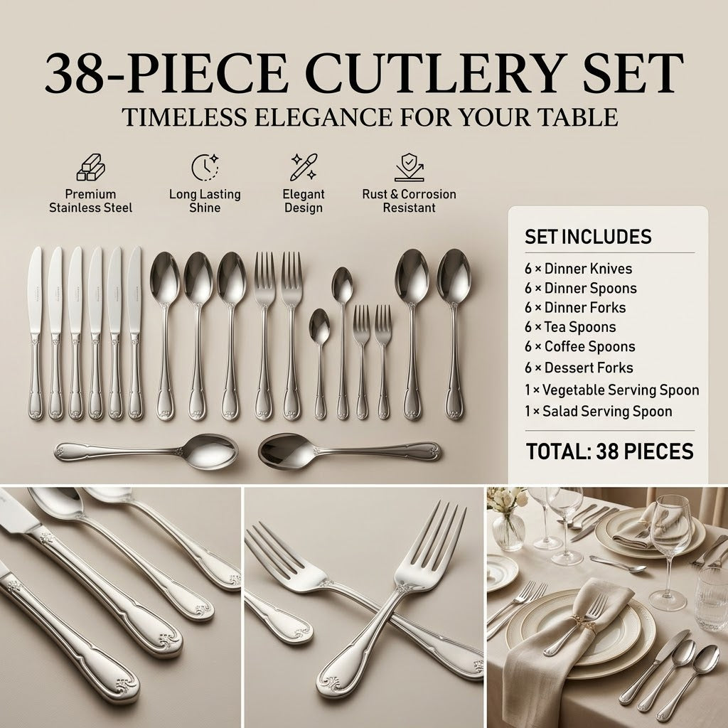 Alpen Berg Luxury Stainless Steel Cutlery Set (38 Pcs) with Stand – Classic Scalloped Handle Design