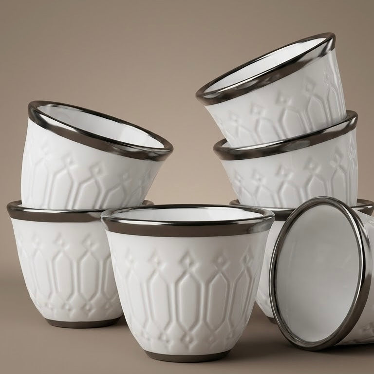 Cawa White Ceramic Arabic Cups – Geometric Relief Design with Silver Edge (12-Pieces)