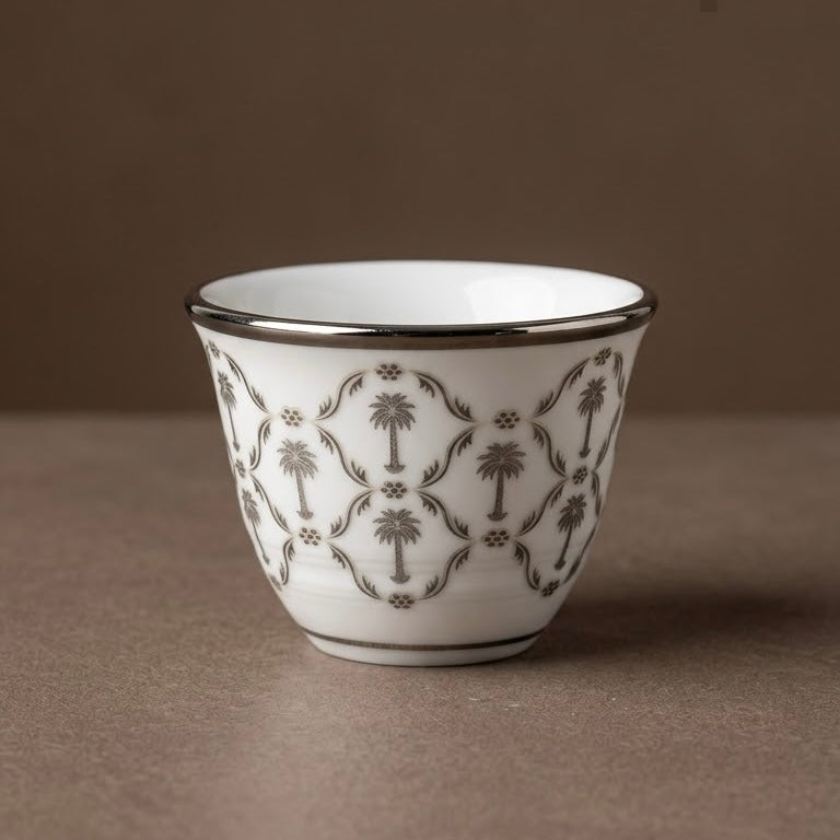 Cawa Palm Tree Motif Porcelain Arabic Coffee Cup Set with Silver Trim (12 Pieces)