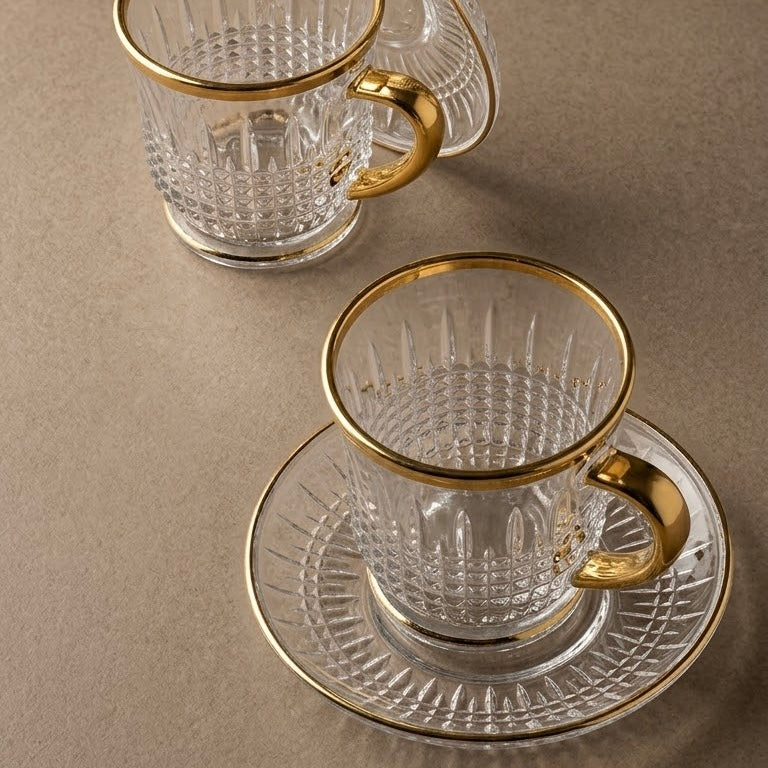 Luxury Relief-Patterned Glass Coffee Collection with Gilded Gold Accents (6-Person Set)