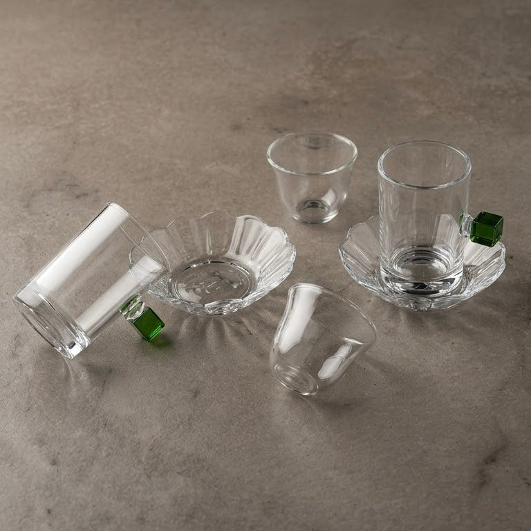 Glass Tea and Arabic Coffee Hosting Set with Green Accents (Complete 18-Piece Collection)