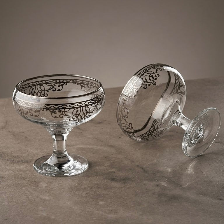Silver Scrollwork Footed Glass Dessert Bowls (Set of 6)