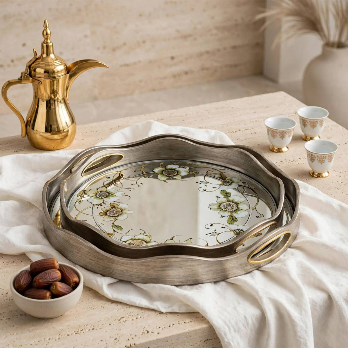Elegant 2-Piece Round Serving Tray Set with Floral Botanical Print & Sculpted Silver Rim