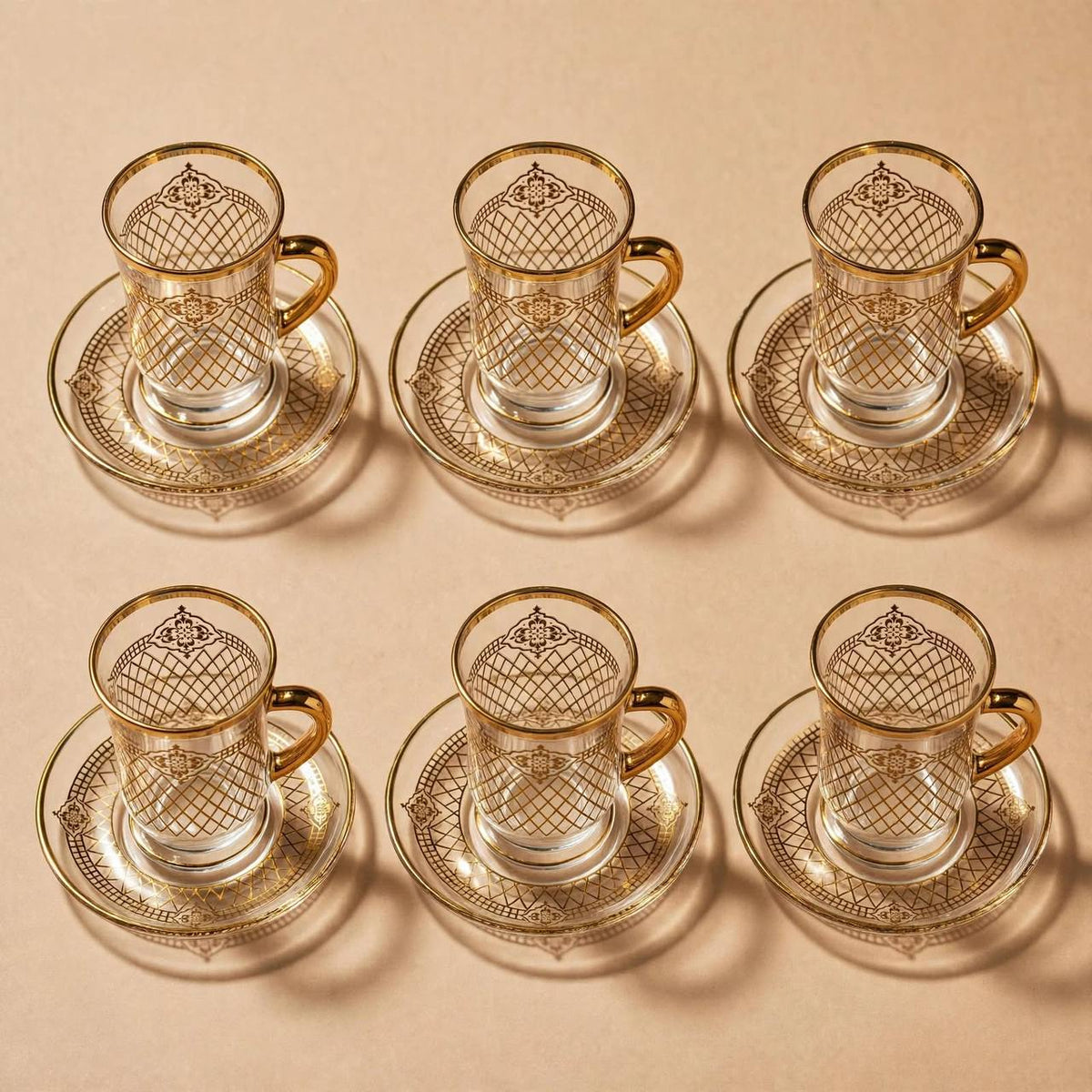 Glass Tea Cups & Saucers 12 Pcs Set Gold Pattern