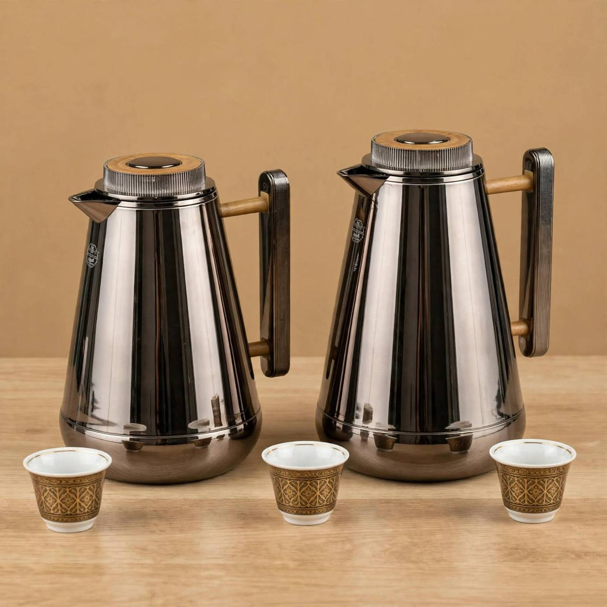 Al Saif Chrome & Wood Thermal Dallah Set (2-Piece, 1L & 0.75L)