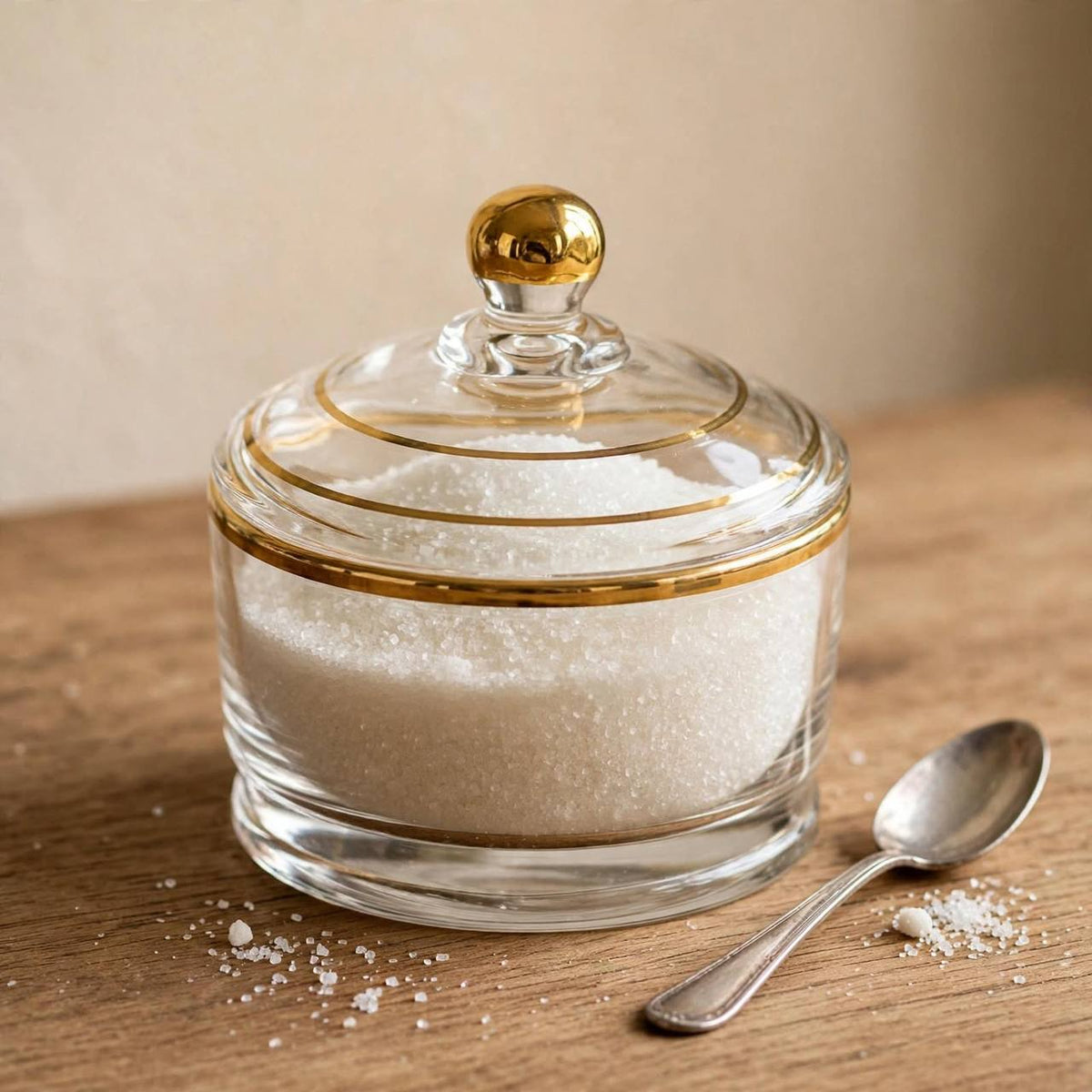 Gold Trim Banded Glass Sugar Bowl with Lid – 11x9cm