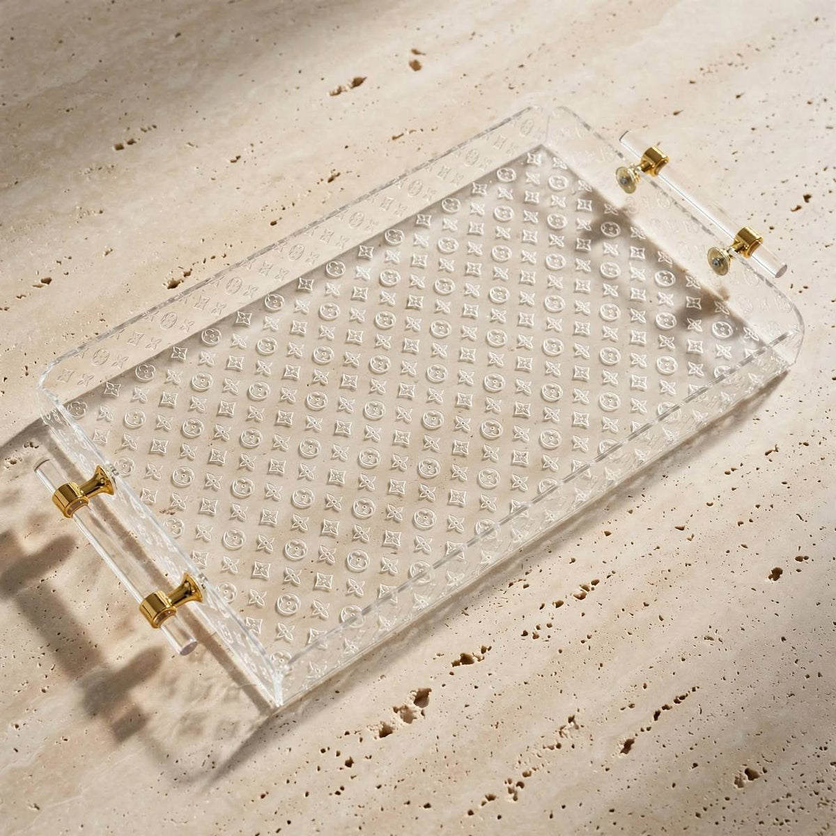 Luxury Monogram Pattern Clear Acrylic Serving Platter with Cylindrical Handles & Polished Gold Hardware – 52 × 27 cm