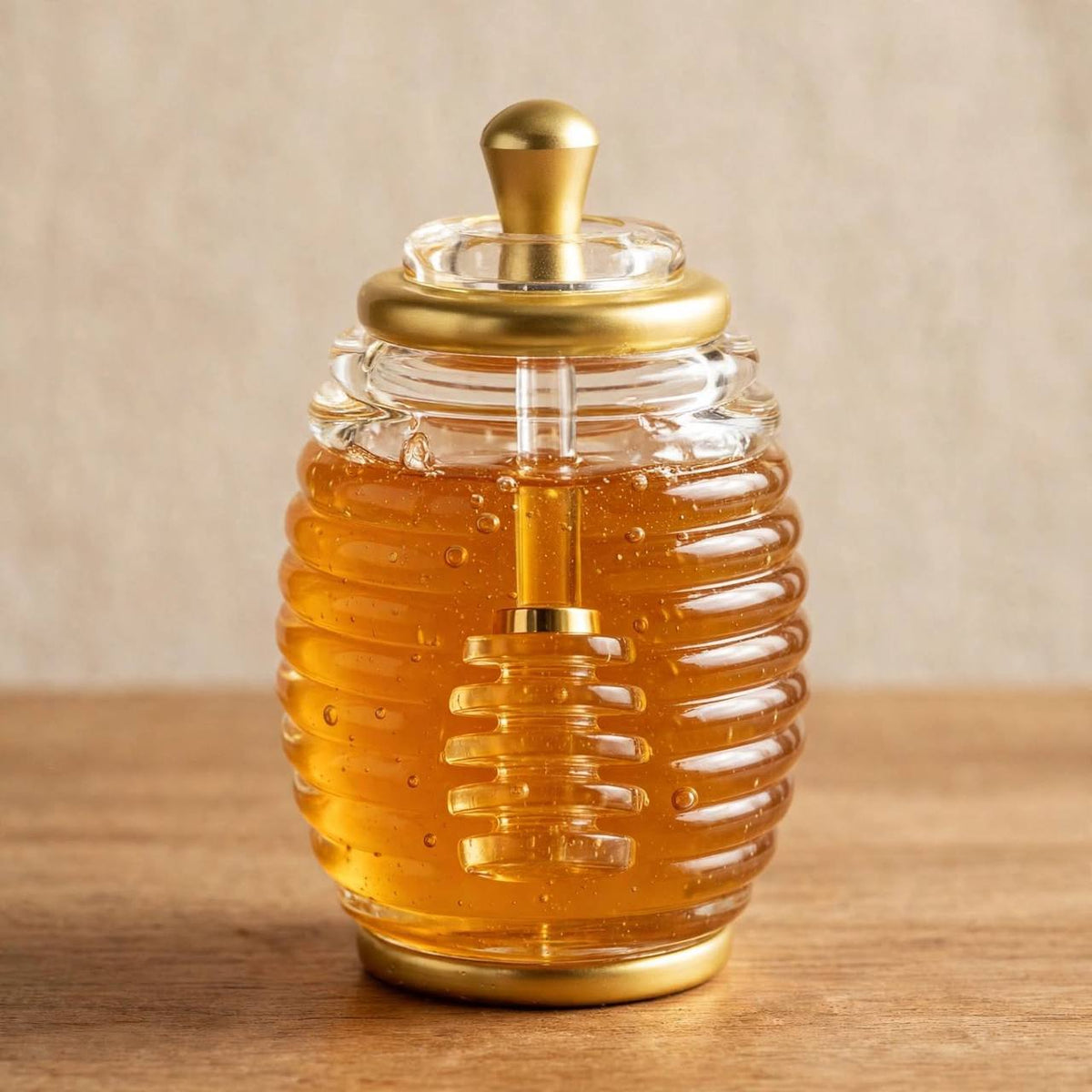 Luxury Gold Trim Acrylic Beehive Honey Jar with Integrated Dipper – 15x7.5cm