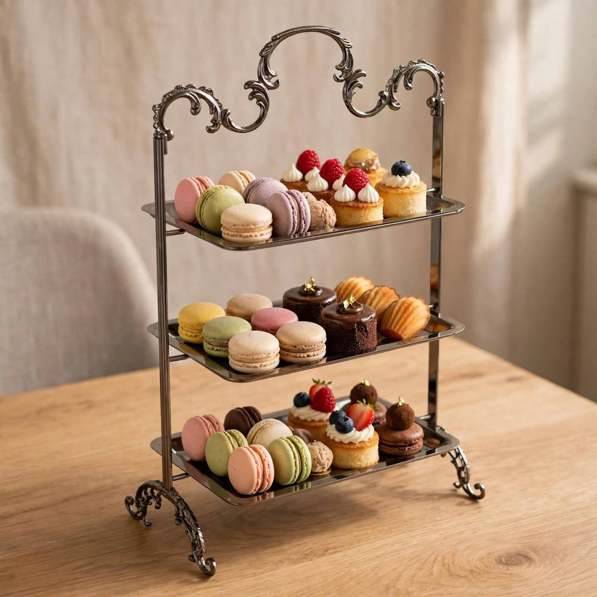 Elegant 3-Tier Rectangular Sweet & Dessert Display Stand – Polished Chrome