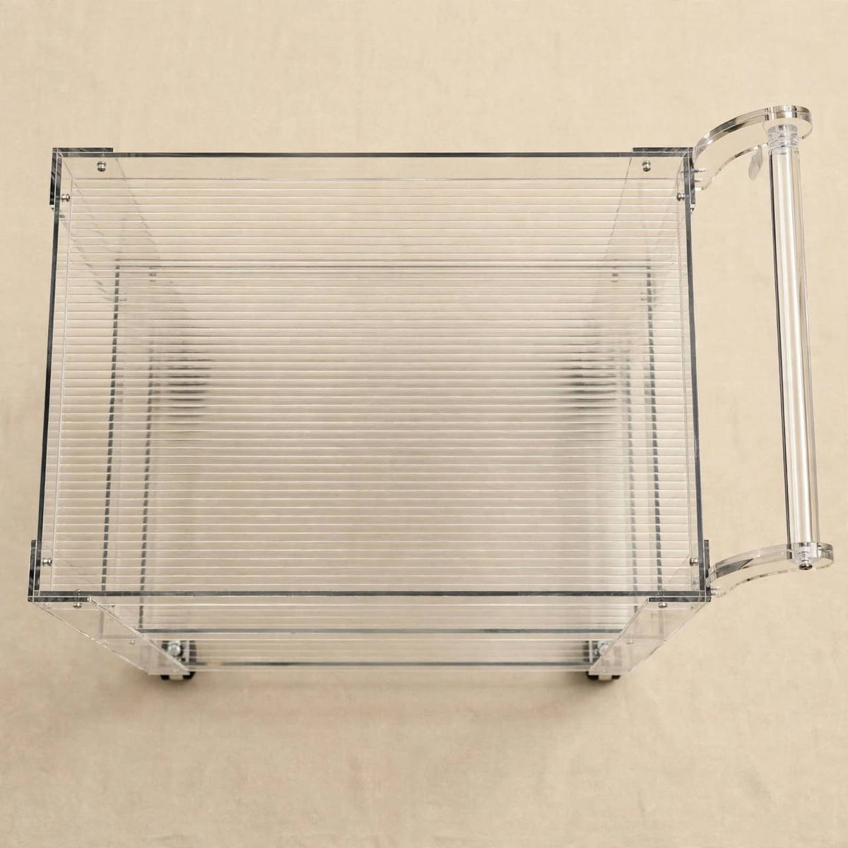 3-Tier Transparent Clear Acrylic Serving Trolley with Ribbed Shelves and Silver Hardware