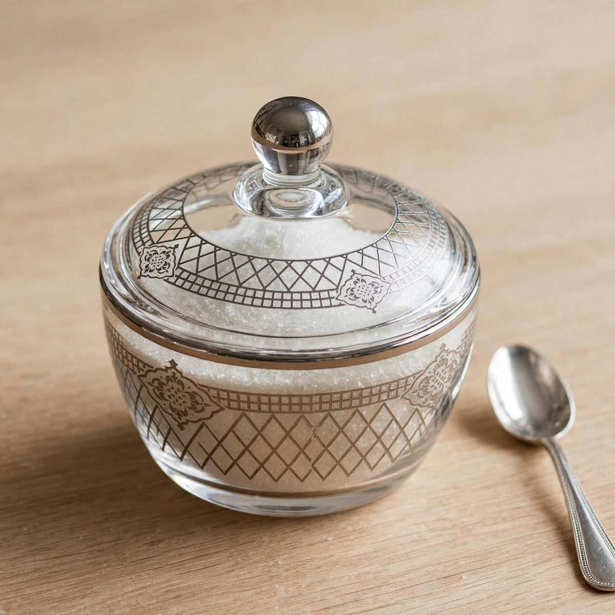 Royal Silver Filigree Patterned Glass Sugar Bowl with Lid – 10x9cm