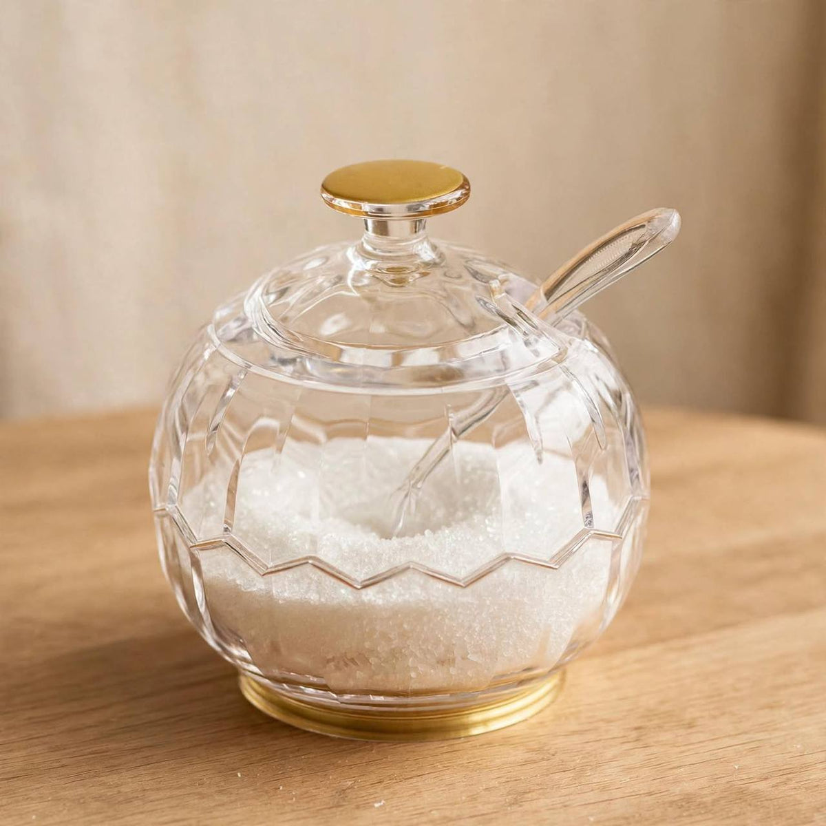 Faceted Crystal-Look Acrylic Globe Sugar Pot with Gold Base & Spoon – 11x8cm