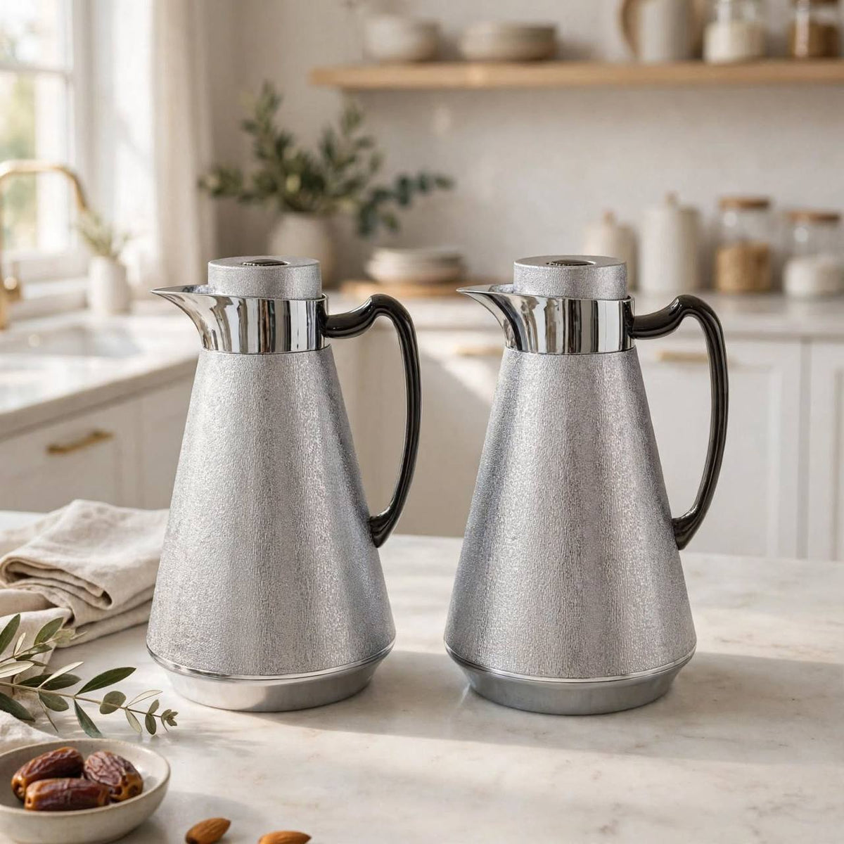 Al Saif Silver & Chrome Thermal Dallah Set (2-Piece, 1 Liter Each)